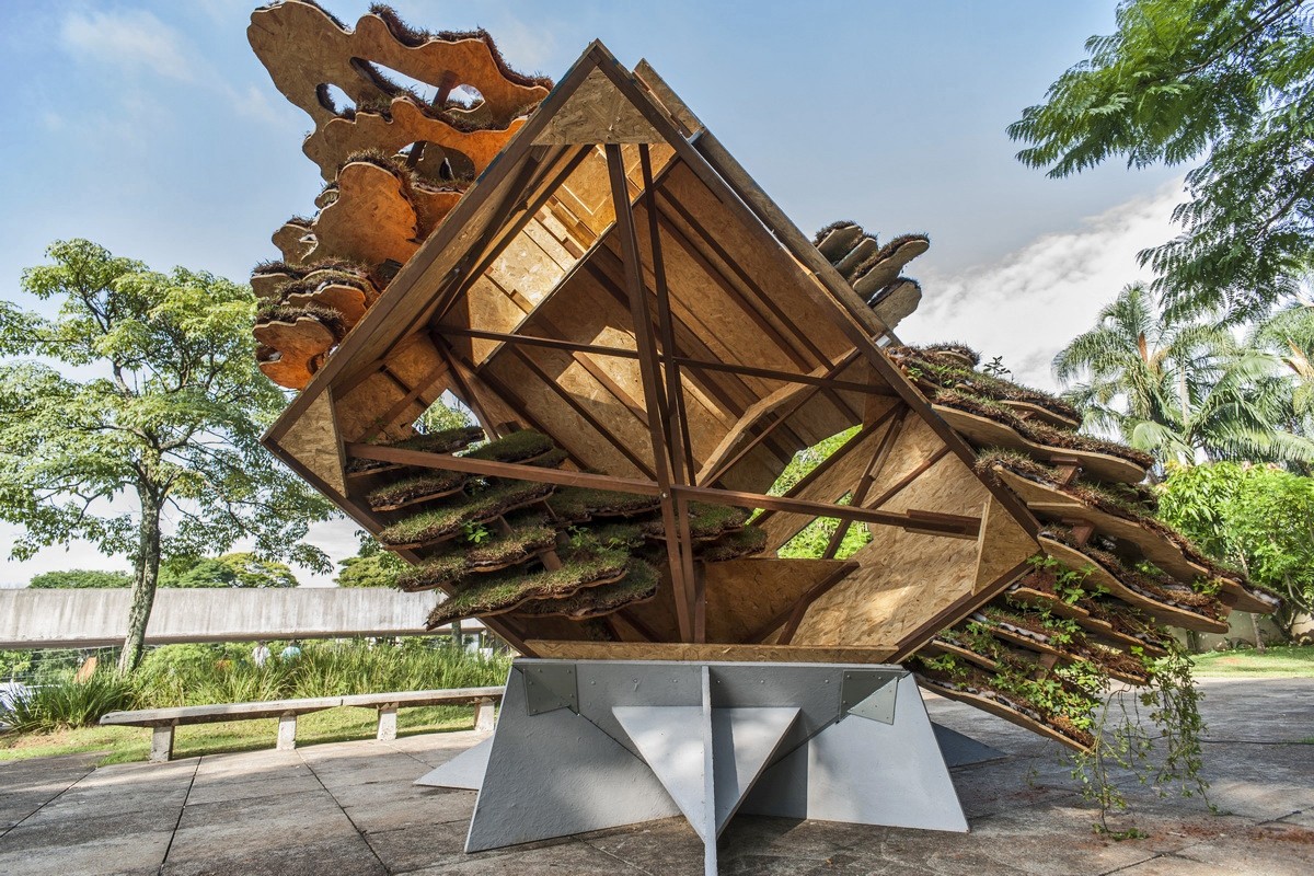 Interior view of the Cloudy Thoughts structure, timber beams and living cork clouds overhead